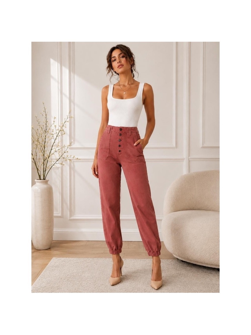 PAIGE High-Waist Button Jogger Pants - Dusty Rose